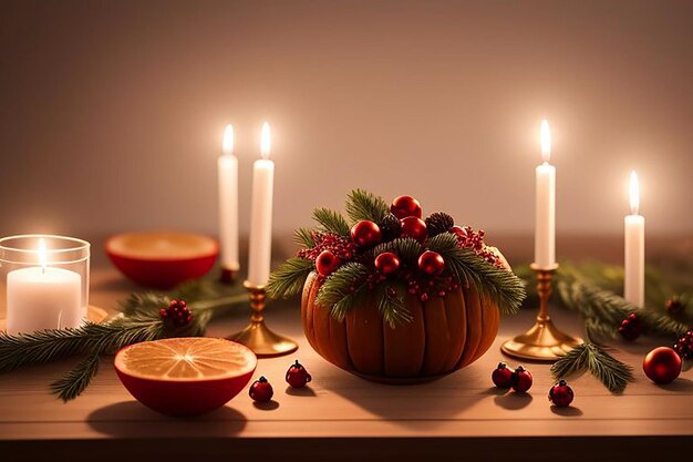 a table with a candle that has the word orange on it