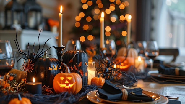 a table with a candle that says pumpkins on it