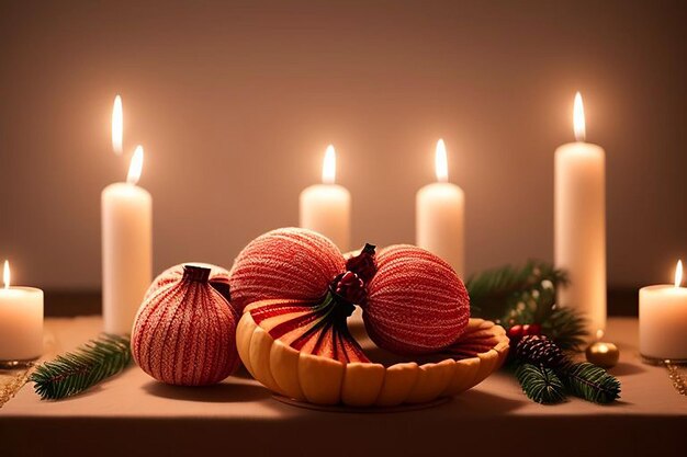 a table with candles and a basket of pomegranates on it