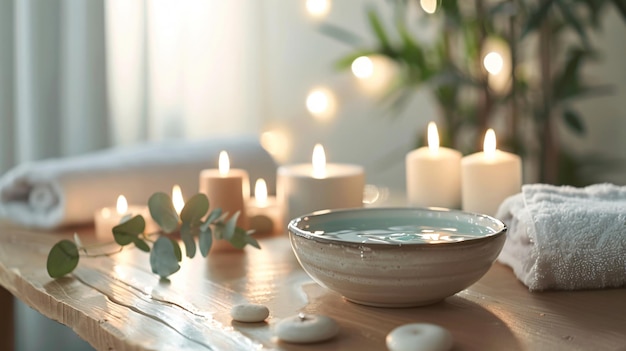 a table with candles and a bowl with candles in the background