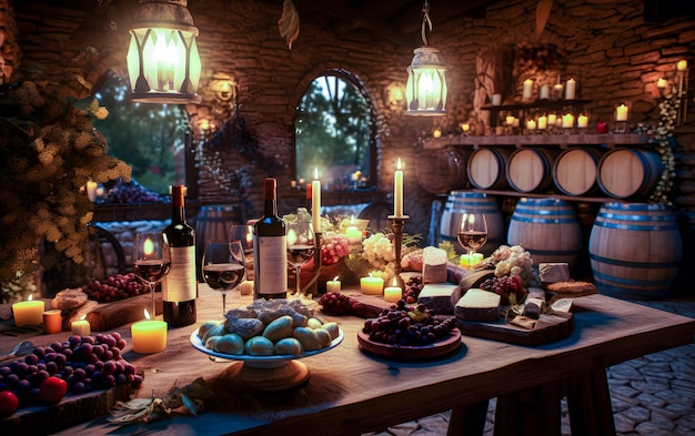 a table with candles a bunch of grapes and wine glasses