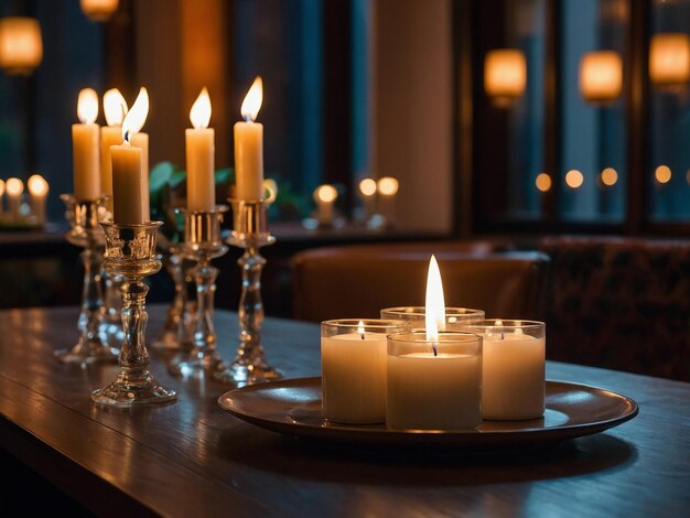 Photo a table with candles and candles on it and a candle on it