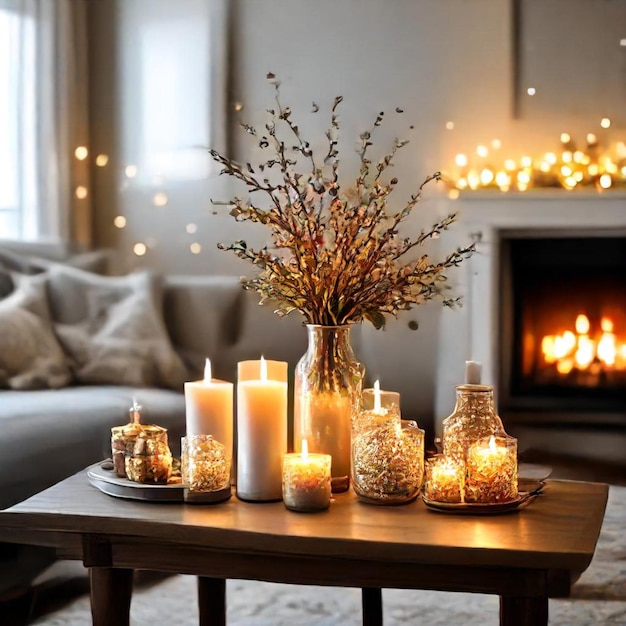 a table with candles and a fire place with a fireplace in the background