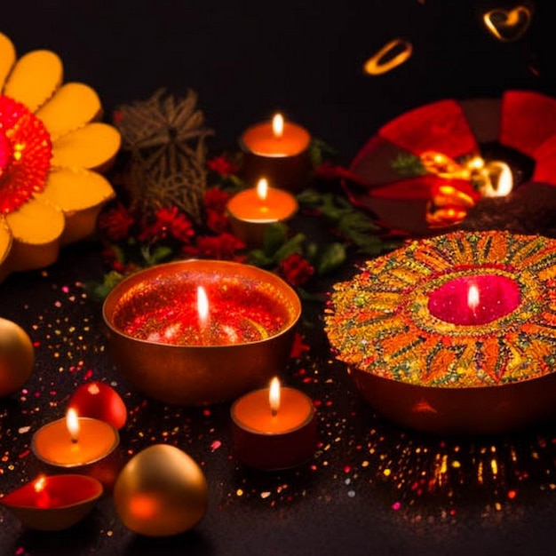 a table with candles and a flower with a star on it