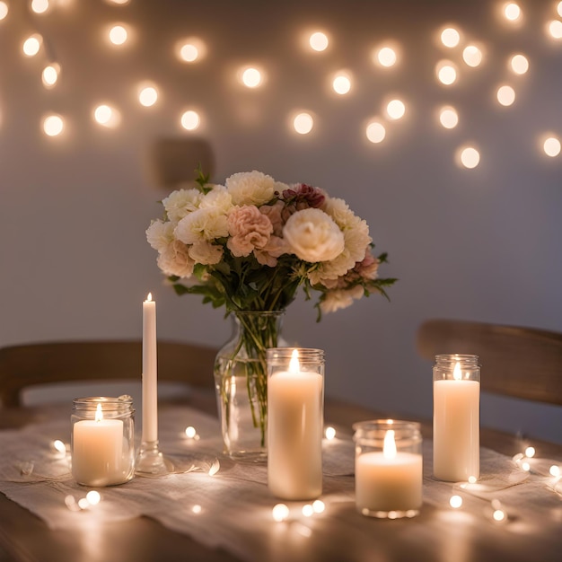 a table with candles and flowers and candles on it