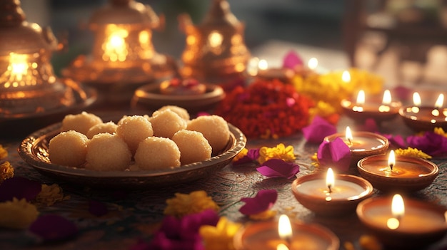 a table with candles and flowers and candles with a candle in the background