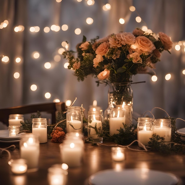 a table with candles and flowers and candles with a candle in the center