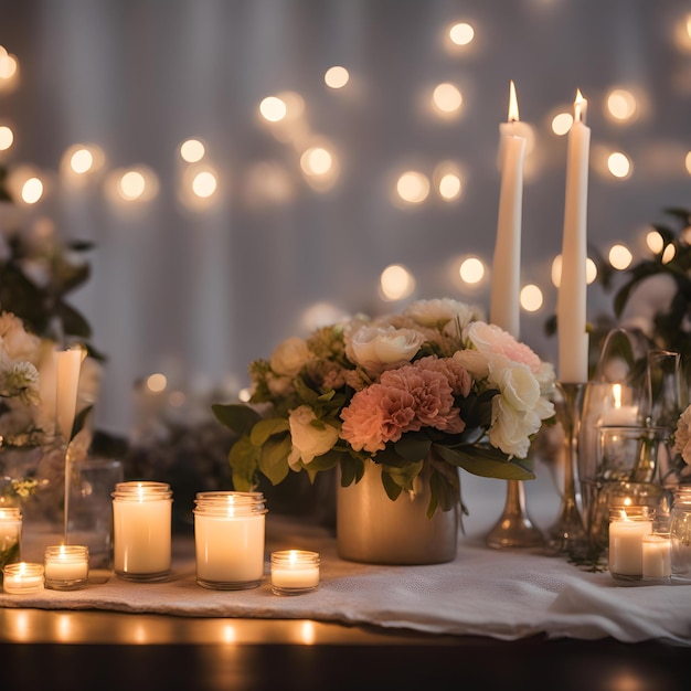 a table with candles and flowers and candles with lights behind it