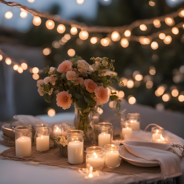 a table with candles and flowers on it and a vase with flowers in it