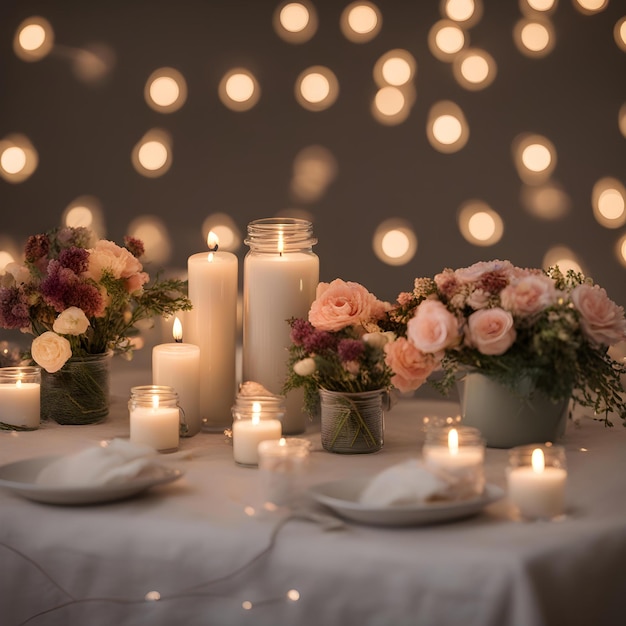 a table with candles and flowers on it