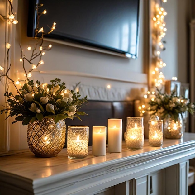 a table with candles and flowers on it