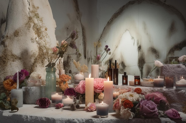 A table with candles and flowers on it