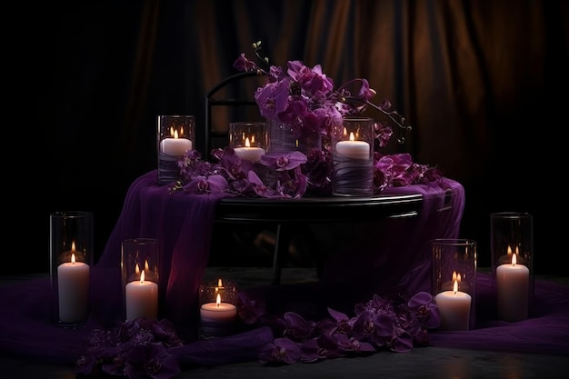 A table with candles and flowers on it