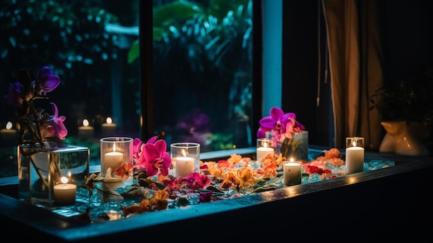 A table with candles and flowers on it