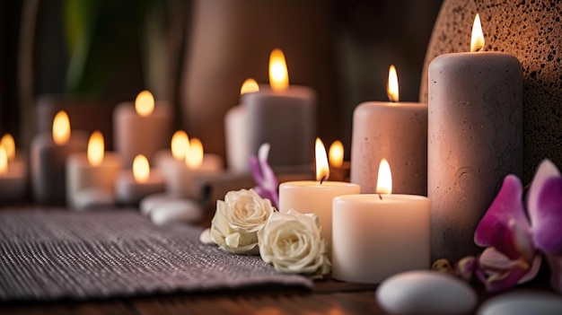 A table with candles and flowers on it