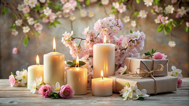 Photo a table with candles and flowers and a sign that says quot spring quot