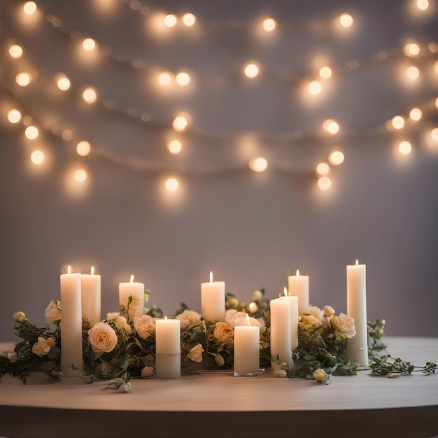 Photo a table with candles and flowers and a table with a table with a candle and flowers