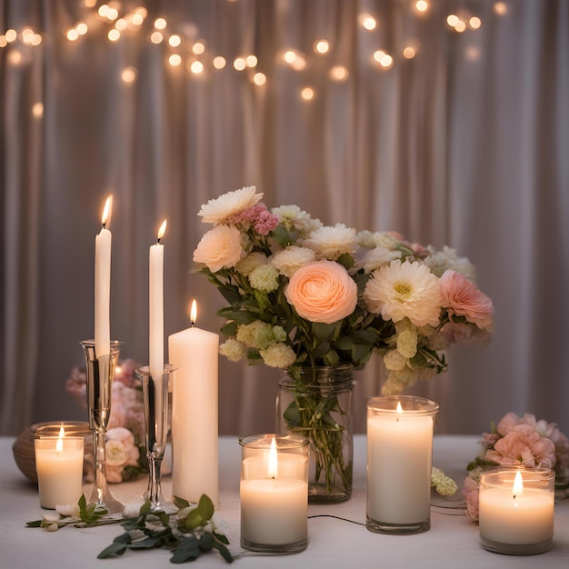 Photo a table with candles and flowers and a vase with a flower on it