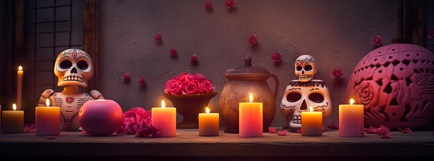 A table with candles and flowers with a skull and roses in the background