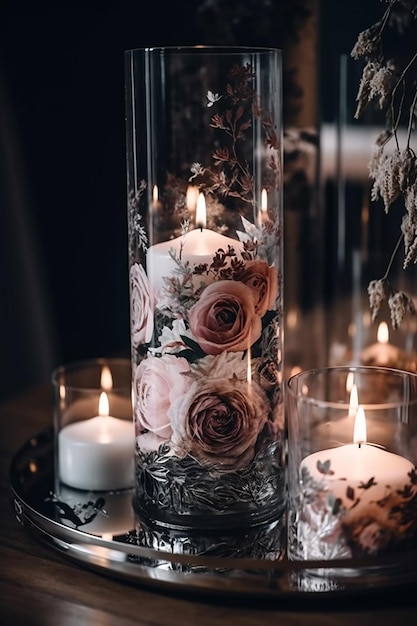 A table with candles and flowers