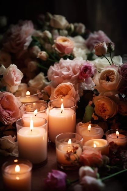 A table with candles and flowers