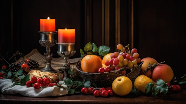 A table with candles and fruit on it