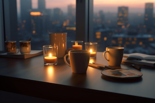 A table with candles on it with a cityscape in the background