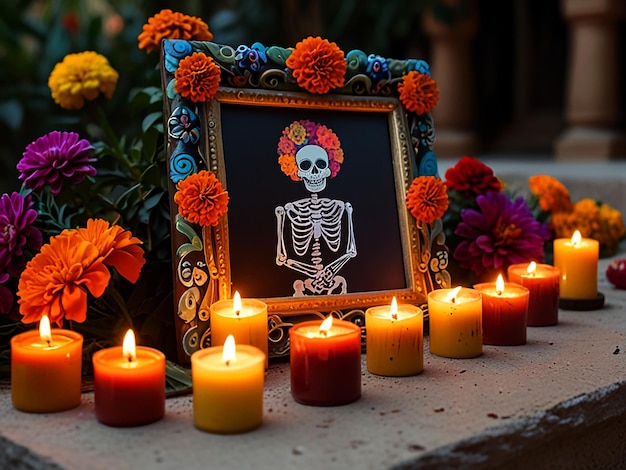 a table with candles and a picture of a skeleton with a frame that says quot skeleton quot