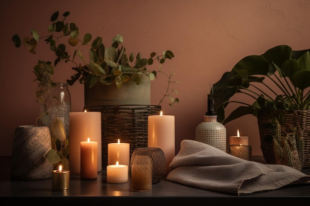 A table with candles and a plant on it