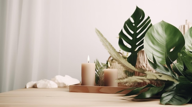 A table with candles and a plant on it