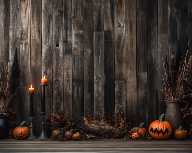 A table with candles and pumpkins on it