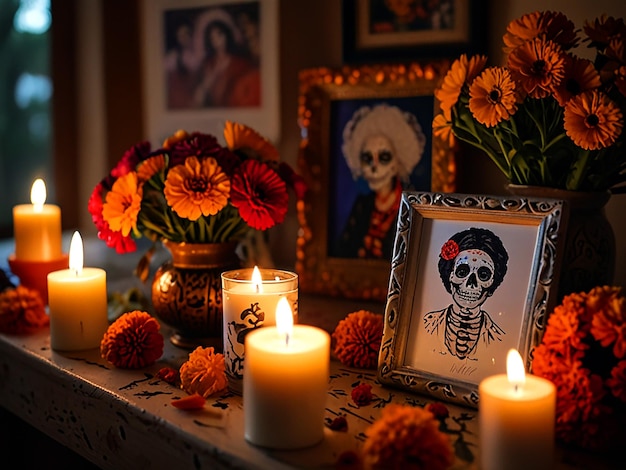 a table with candles and a skull and flowers in front of a painting of a skull