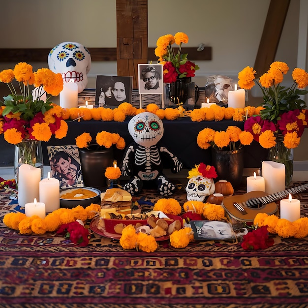 a table with candles and a skull and flowers on it