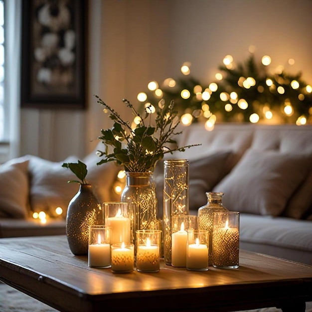 a table with candles and a vase with a christmas tree in the background