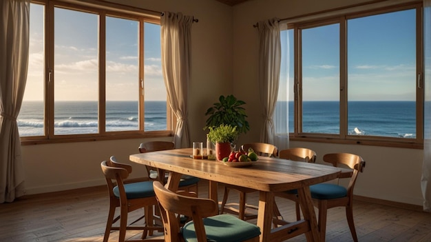 Photo a table with chairs and a potted plant on it