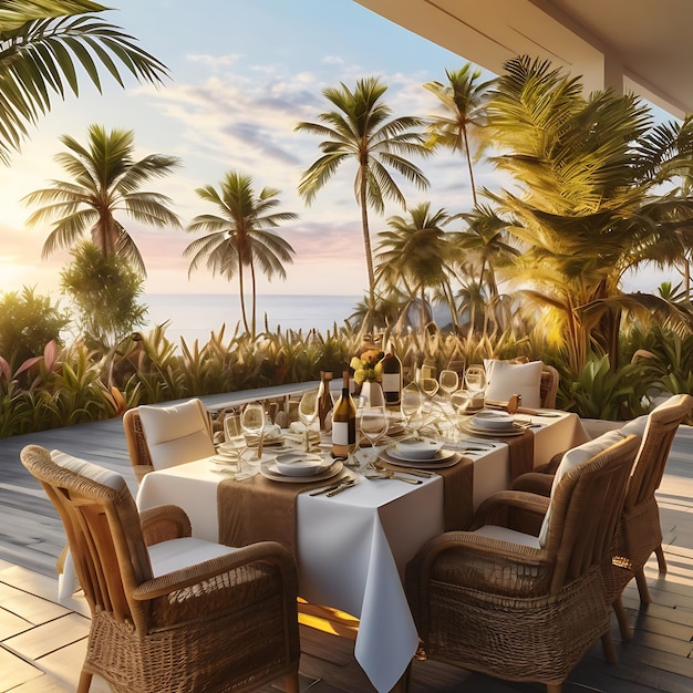 Photo a table with chairs and a table with a view of the ocean