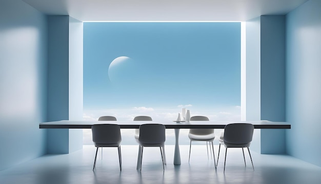 a table with chairs and a wall with a moon in the background