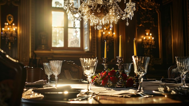 Photo a table with a chandelier and a chandelier with candles on it