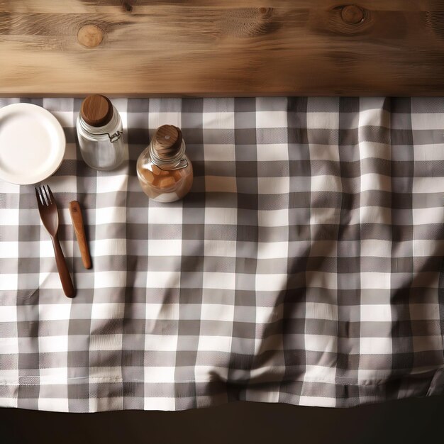 A table with a checkered table cloth and a bottle of salt and a knife on it.