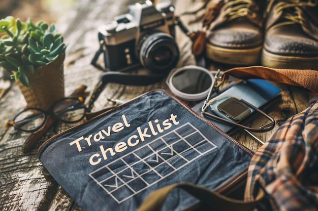 a table with a checklist on it and a bag with a checklist on it