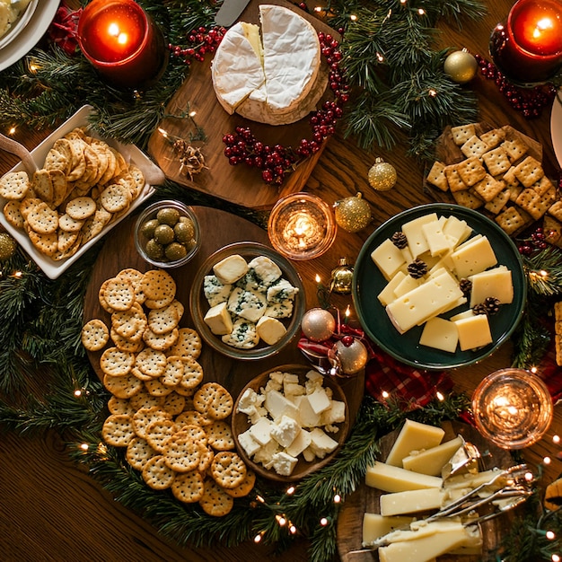 Photo a table with cheese cheese and a christmas tree on it