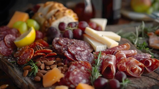 a table with cheese grapes cheese and cheeses on it