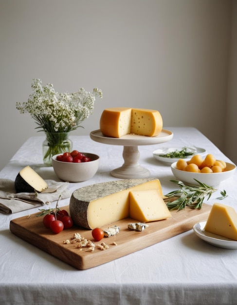 Photo a table with cheese tomatoes and cheeses on it