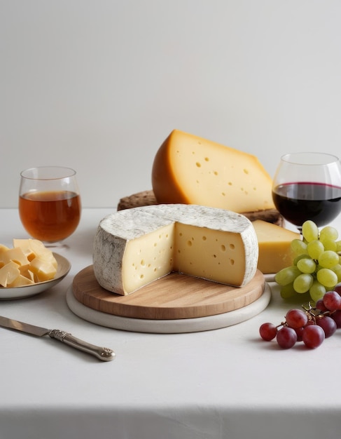 a table with cheese wine and a glass of wine