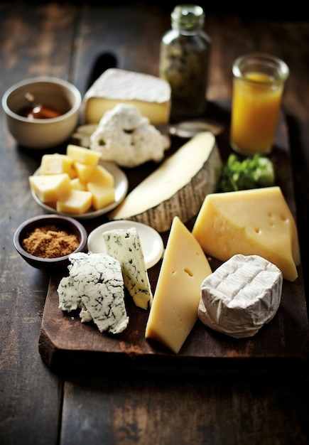 Photo a table with cheeses cheese and a bottle of orange juice