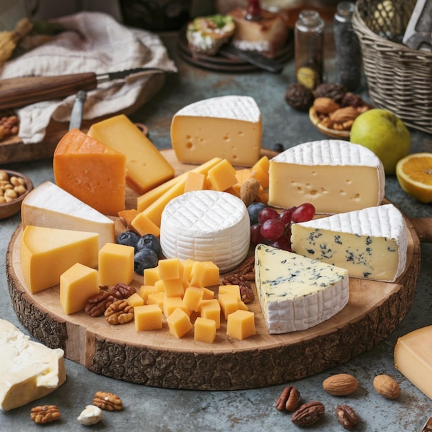 a table with cheeses cheese and nuts on it