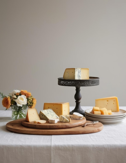 Photo a table with cheeses and flowers on it including a clock