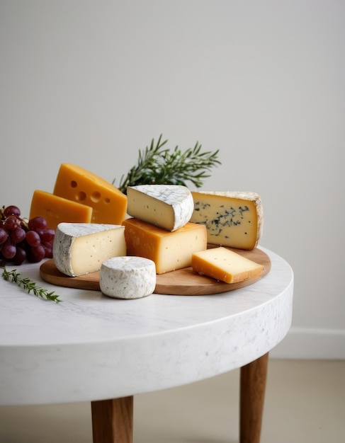 Photo a table with cheeses and grapes on it including grapes grapes and grapes