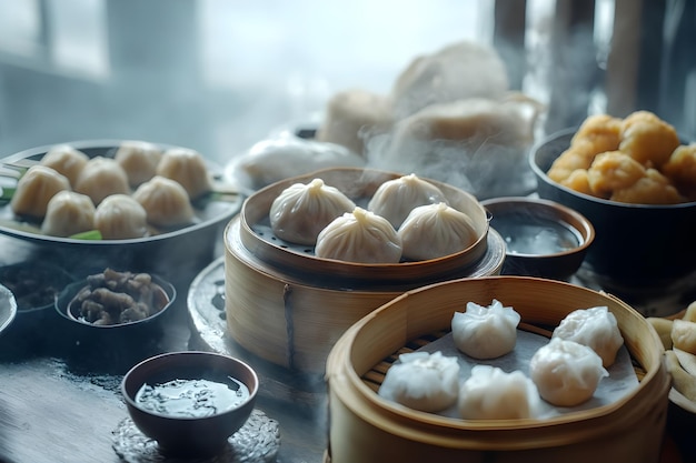 Photo a table with chinese food and chinese dishes on it