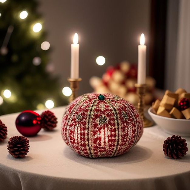 a table with a christmas ball and a bowl of gold ornaments on it